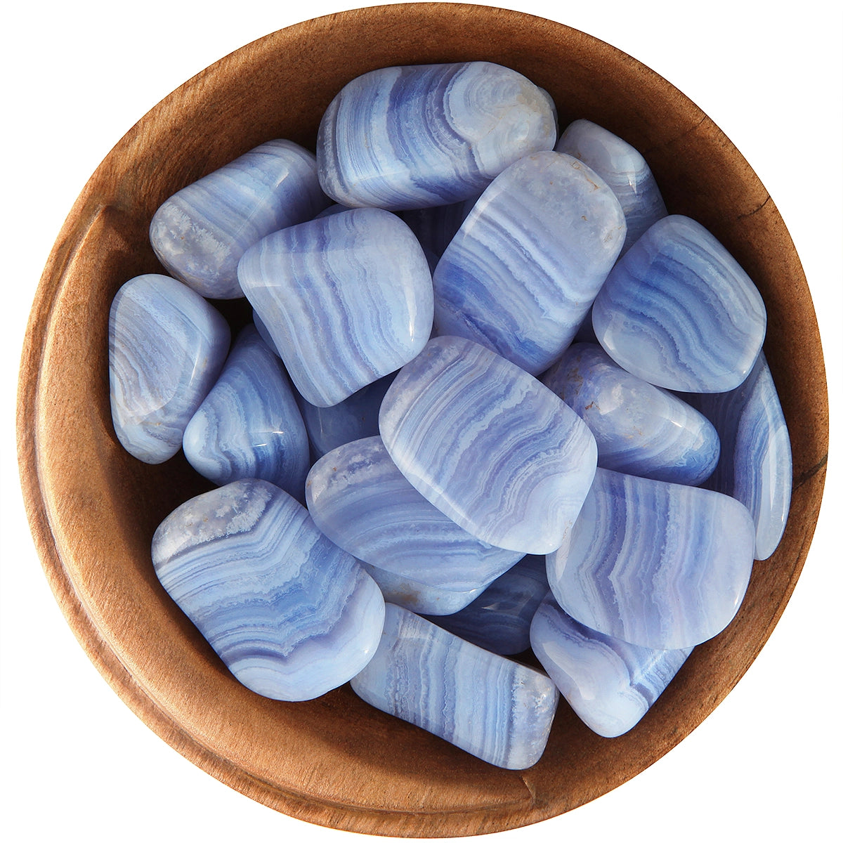 Blue lace agate is a type of chalcedony that is known for its delicate blue lace-like patterns and soothing energy, believed to promote calm communication and self-expression.