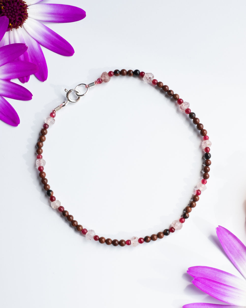 Strawberry Quartz, Mahogany Obsidian & Ruby Beaded Bracelet