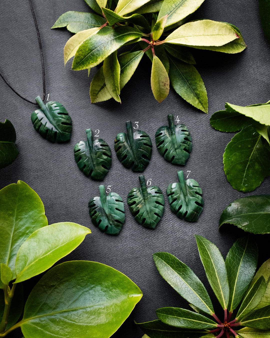 African Jade Hand Carved Monstera Leaf / Cheese Plant Necklace