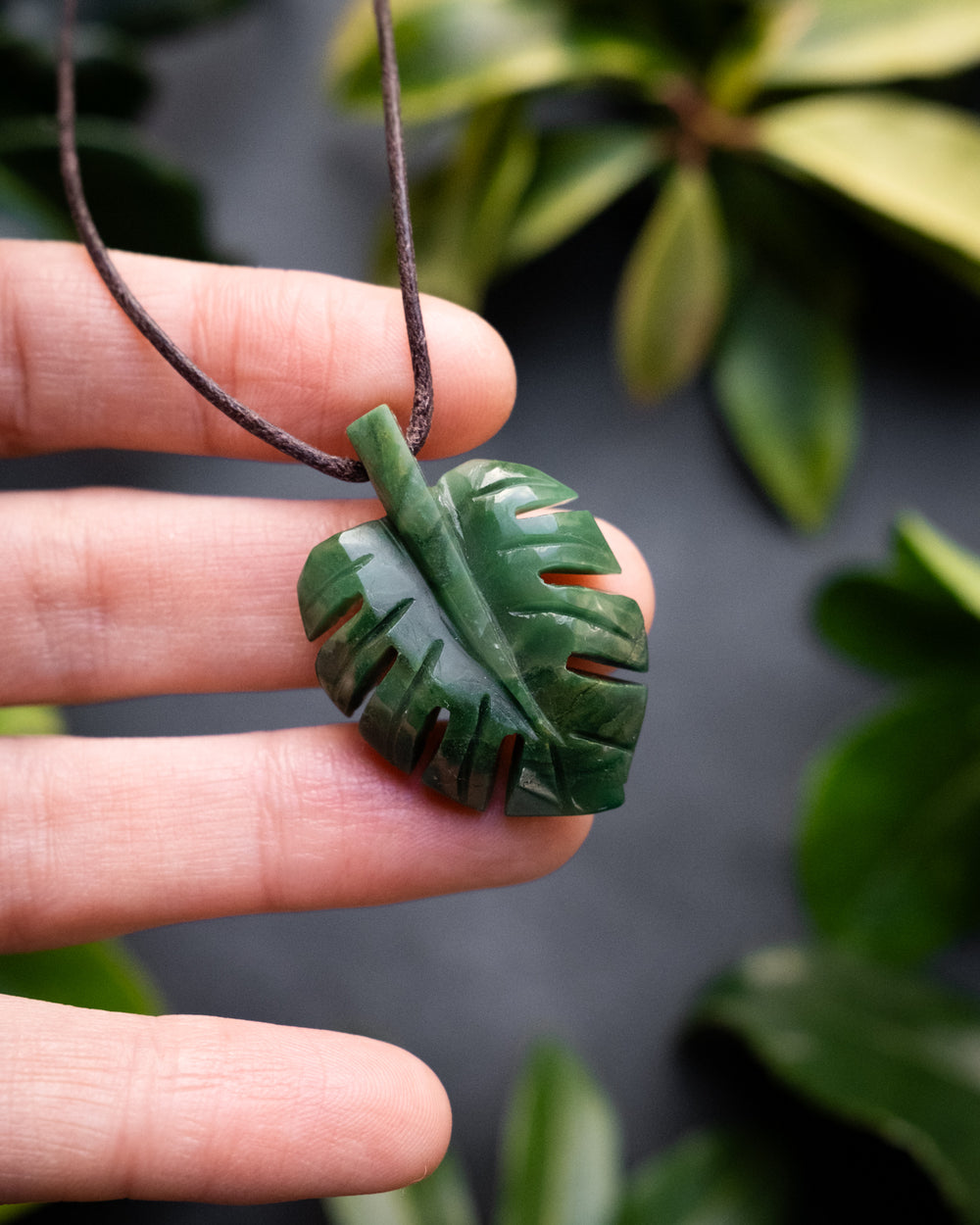 African Jade Hand Carved Monstera Leaf / Cheese Plant Necklace