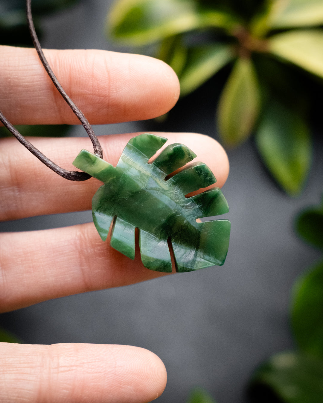 African Jade Hand Carved Monstera Leaf / Cheese Plant Necklace