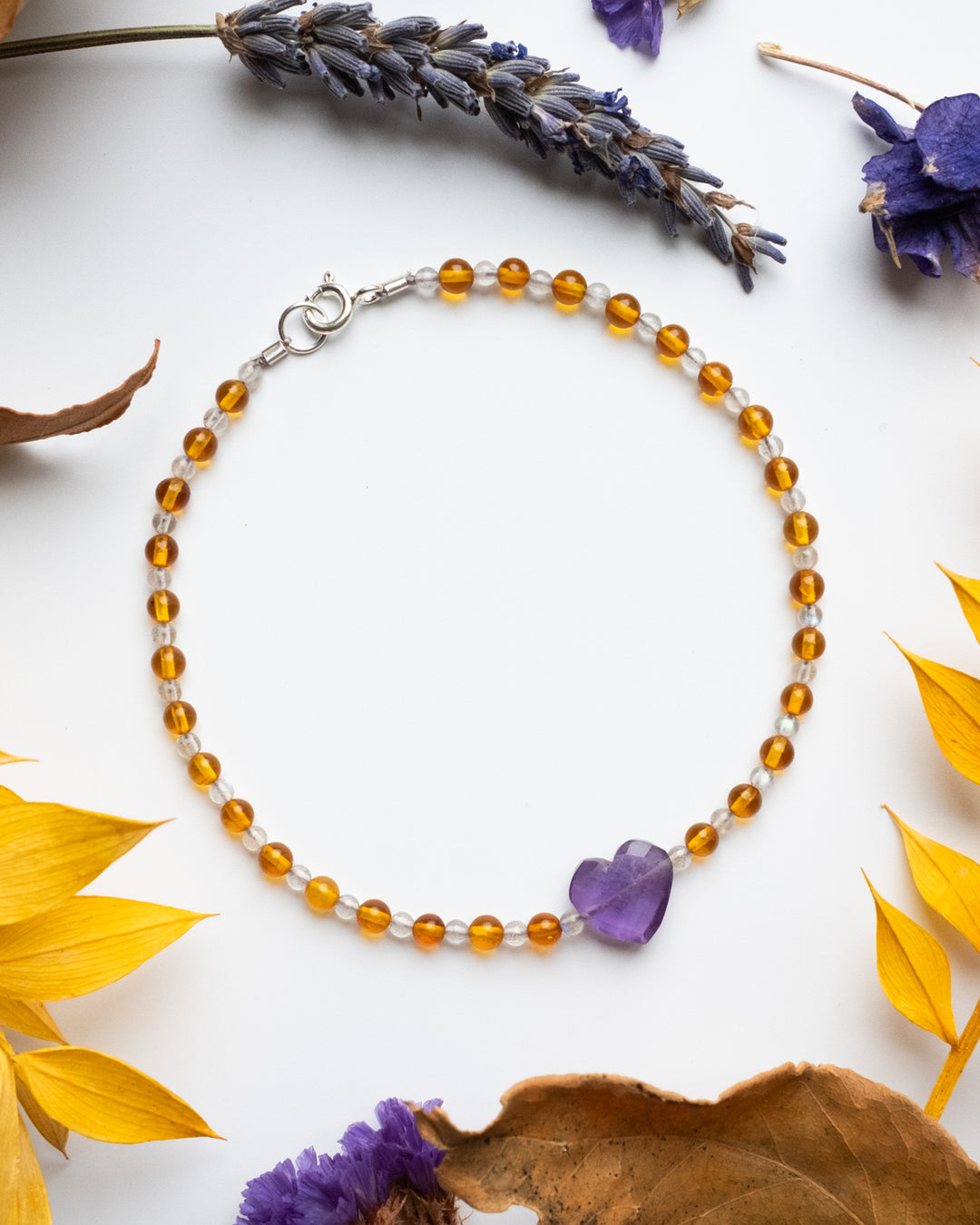 Amethyst Heart, Amber & Labradorite Beaded Bracelet