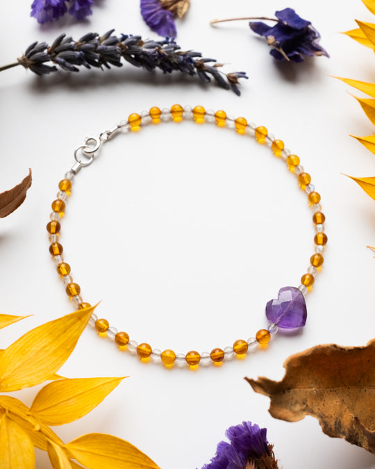 Amethyst Heart, Amber & Labradorite Beaded Bracelet