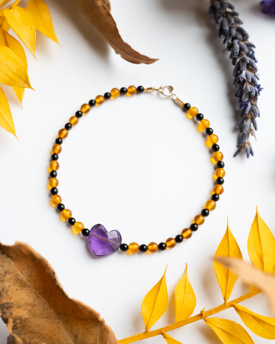 Amethyst Heart, Amber & Black Spinel 9ct Gold Beaded Bracelet