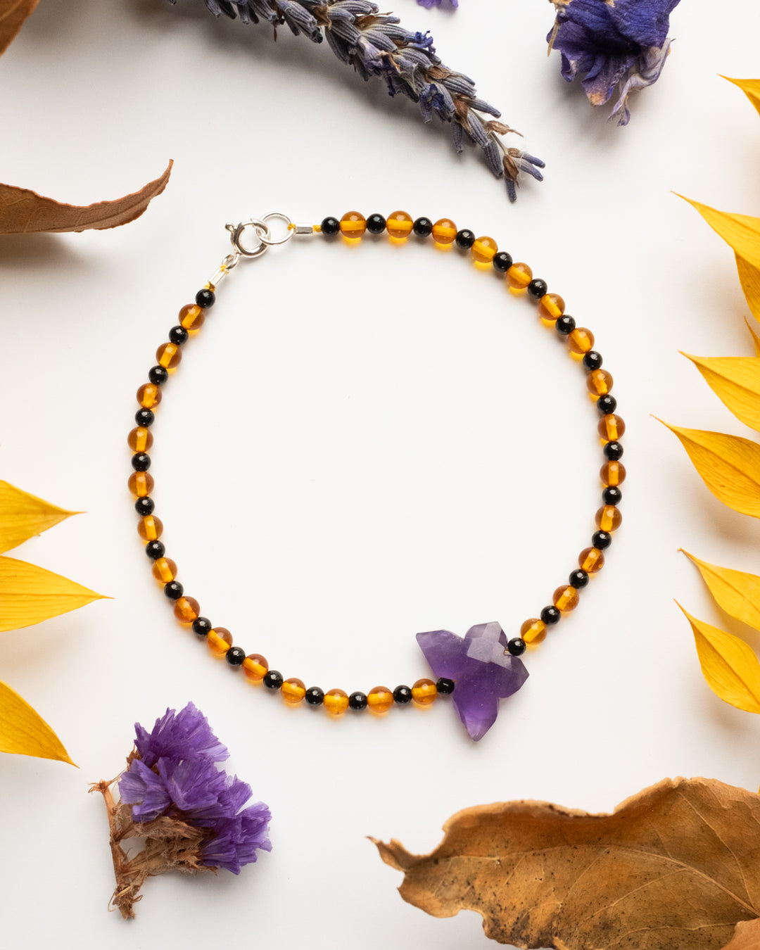 Amethyst Butterfly, Amber & Black Spinel Beaded Bracelet