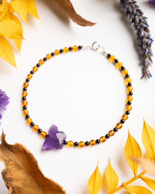 Amethyst Butterfly, Amber & Black Spinel Beaded Bracelet