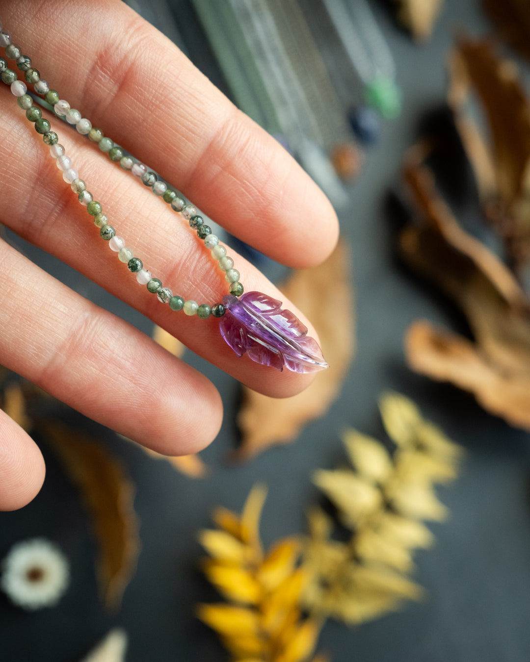 Hand Carved Leaf Beaded Necklace