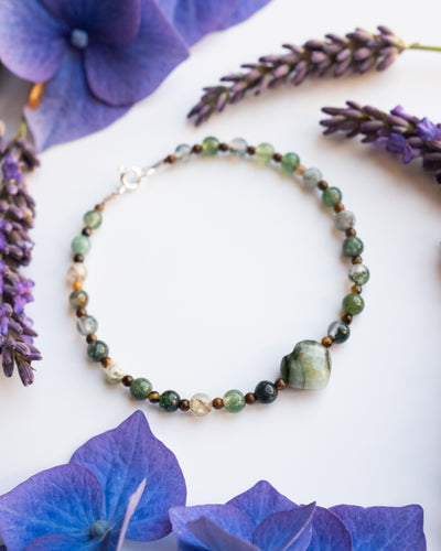 Emerald Heart, Moss Agate & Tiger's Eye Beaded Bracelet