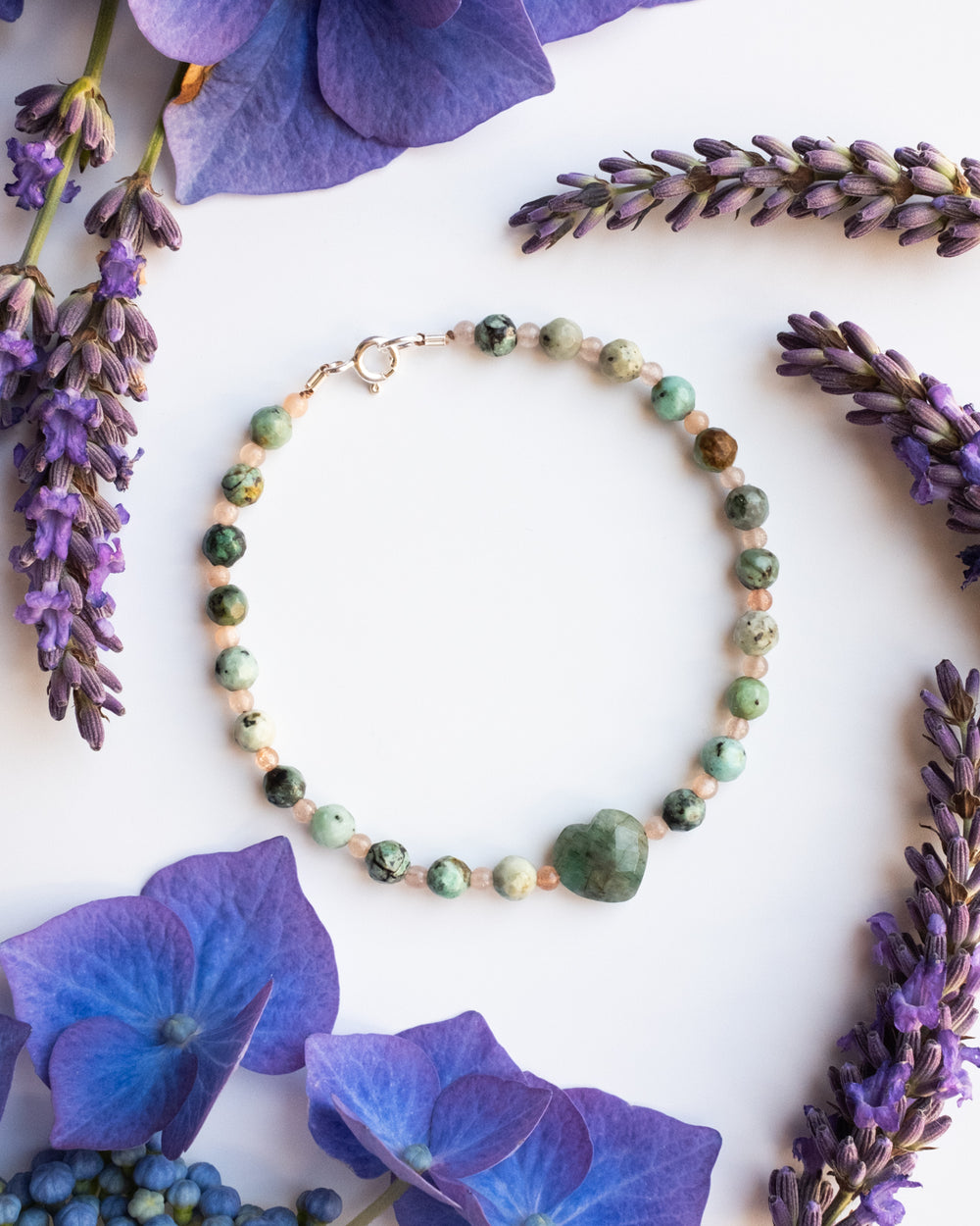Emerald Heart, African Turquoise & Sunstone Beaded Bracelet