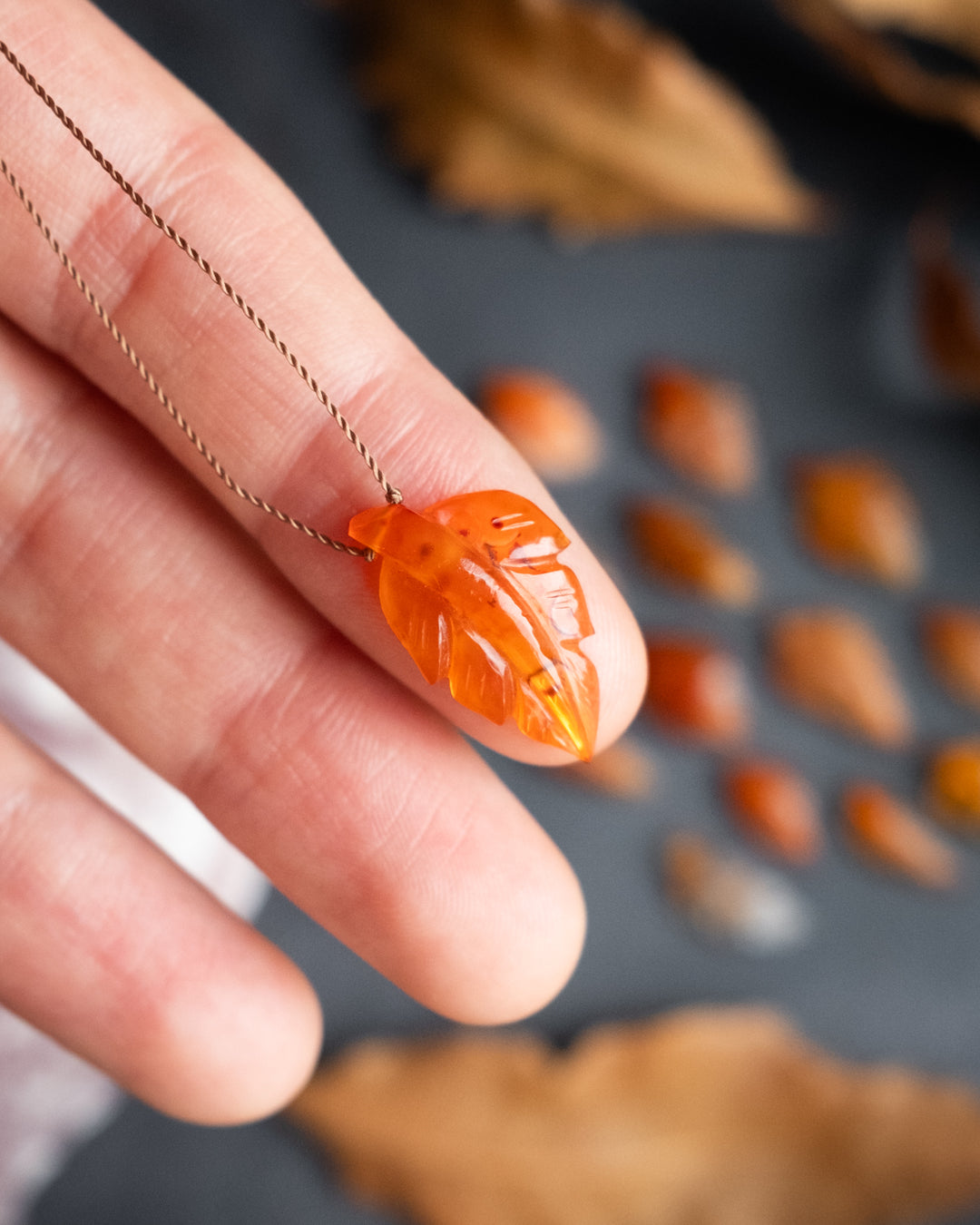 Carnelian Hand Carved Vegan Silk Leaf Necklace