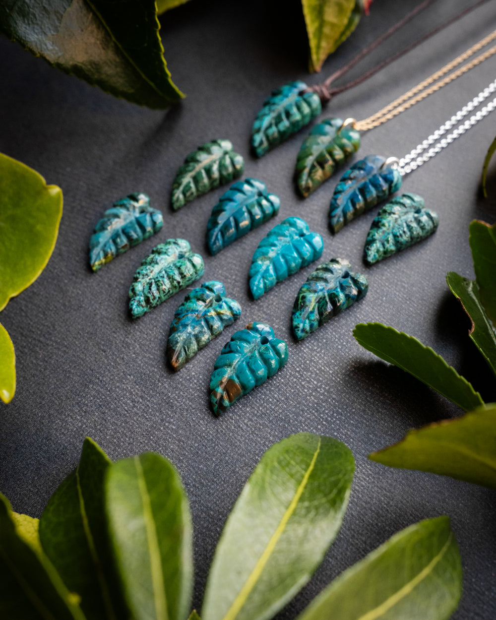 Rainbow Chrysocolla Hand Carved Leaf Necklace