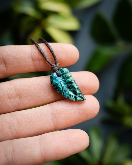 Rainbow Chrysocolla Hand Carved Leaf Necklace