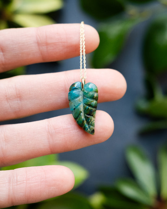 Rainbow Chrysocolla Hand Carved Leaf Necklace