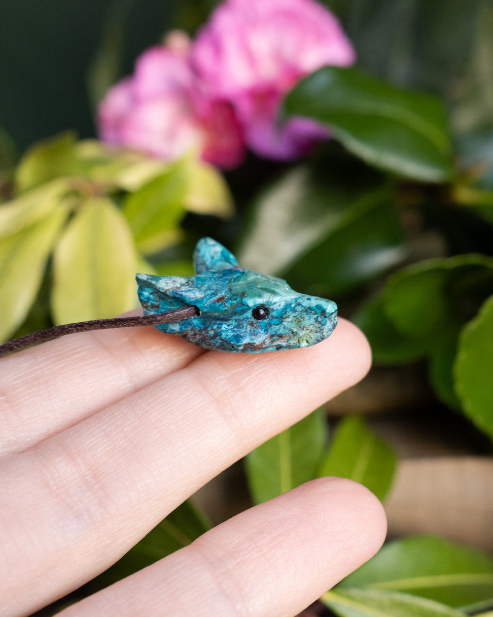 Small Rainbow Chrysocolla Hand Carved Wolf Necklace