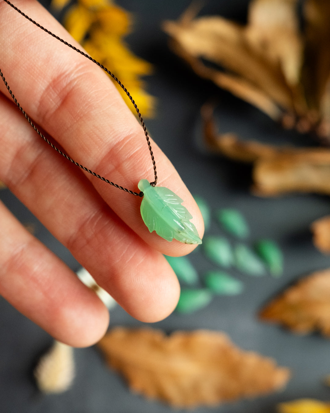 Chrysoprase Hand Carved Vegan Silk Leaf Necklace