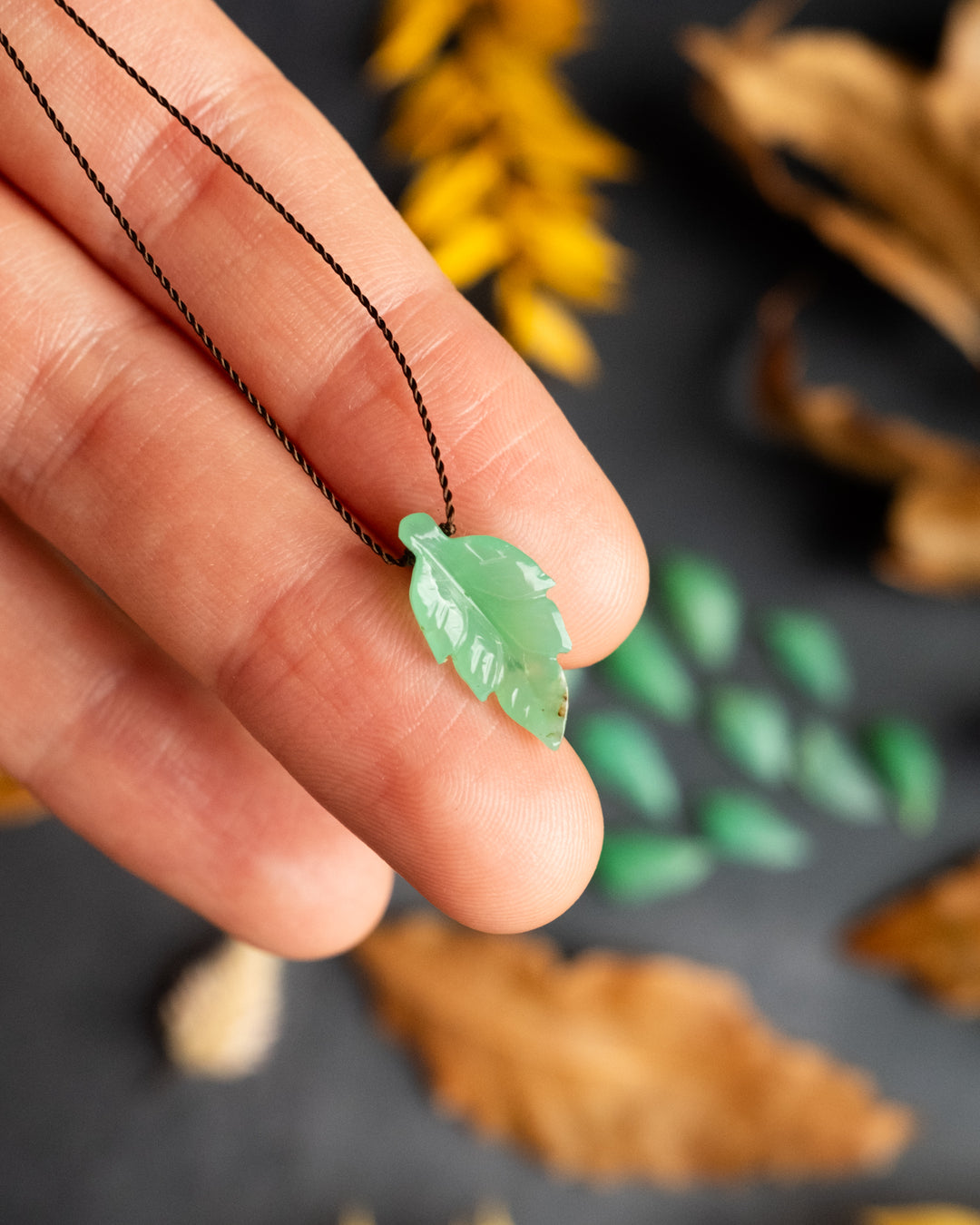 Chrysoprase Hand Carved Vegan Silk Leaf Necklace