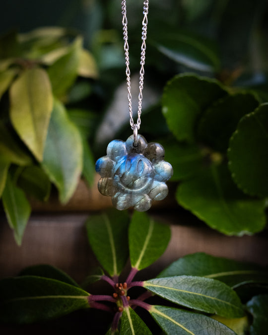 Labradorite Hand Carved Groovy Flower Necklace