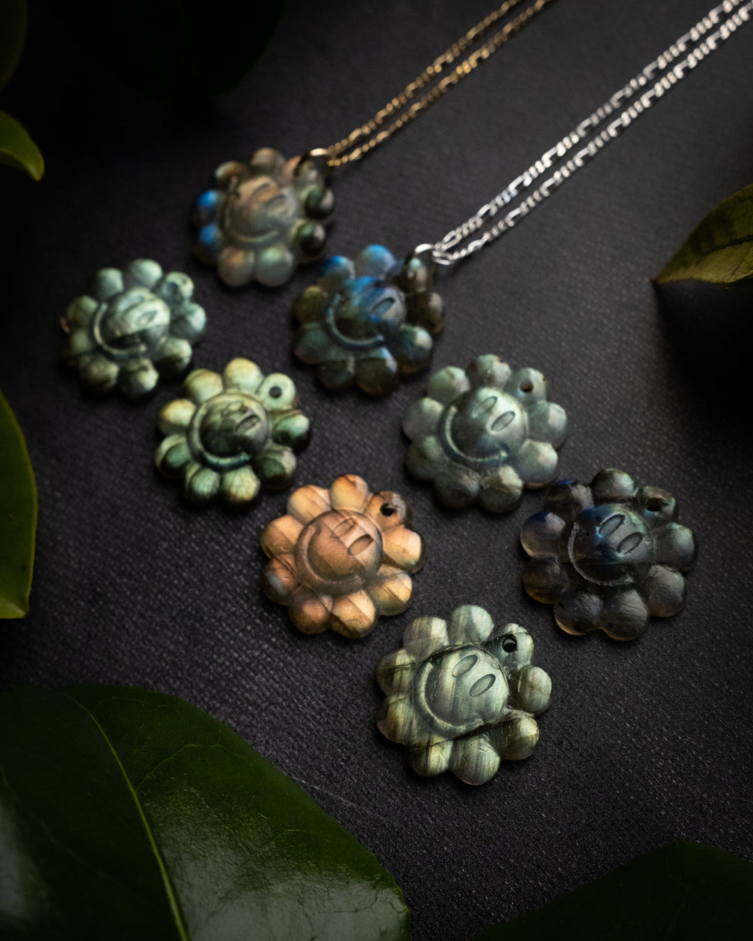 Labradorite Hand Carved Groovy Flower Necklace