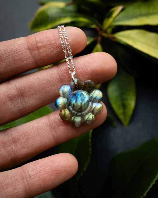 Labradorite Hand Carved Groovy Flower Necklace