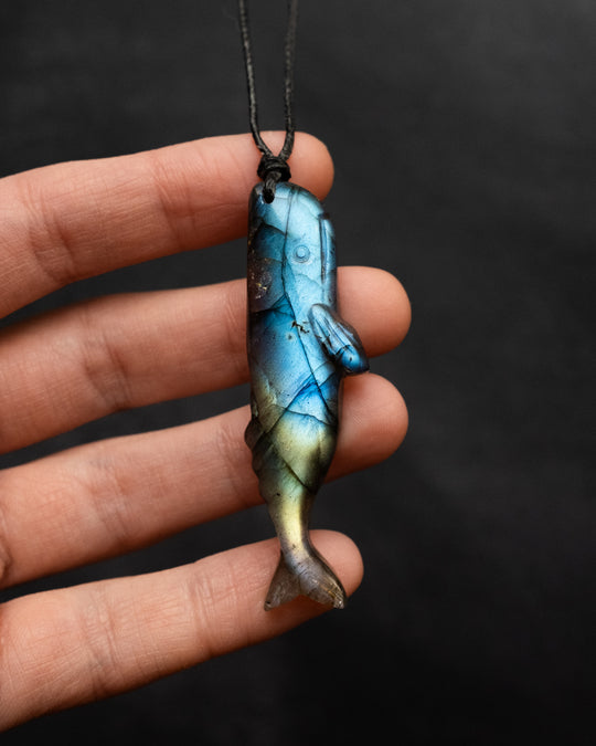 Labradorite Hand Carved Sperm Whale Necklace