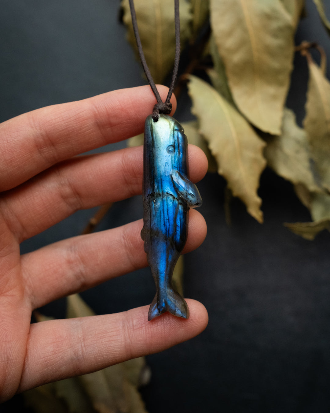 Labradorite Hand Carved Sperm Whale Necklace