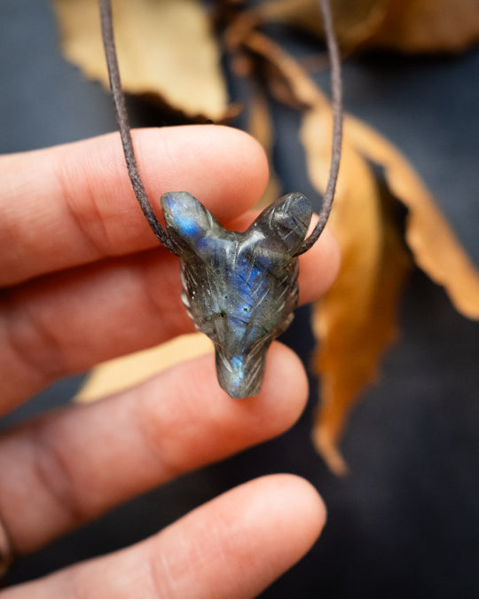 Small Labradorite Hand Carved Wolf Necklace