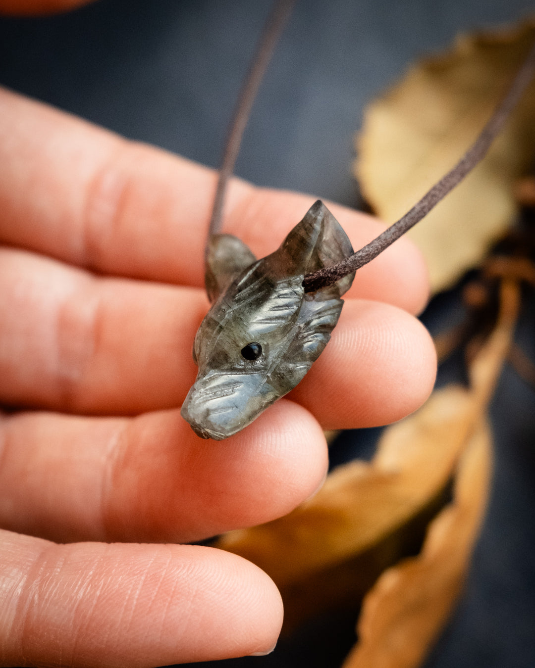 Small Labradorite Hand Carved Wolf Necklace