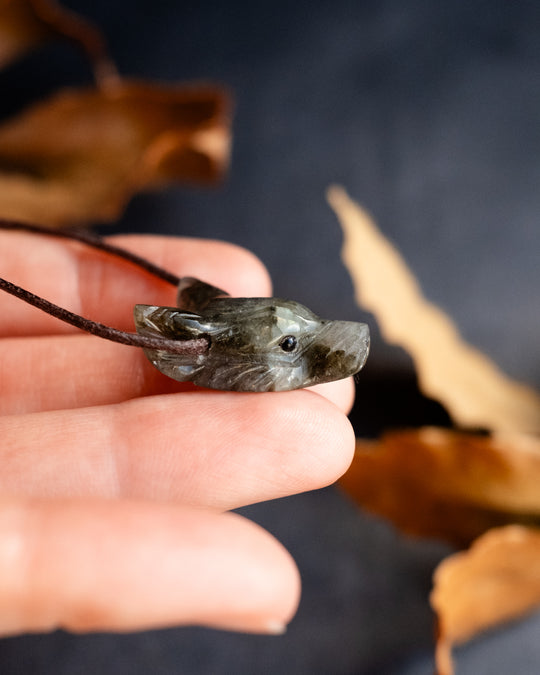 Small Labradorite Hand Carved Wolf Necklace