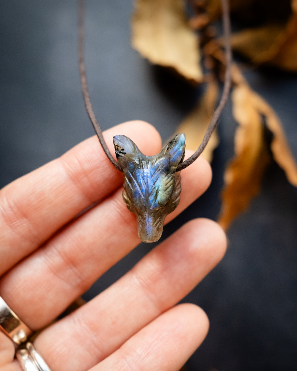 Small Labradorite Hand Carved Wolf Necklace