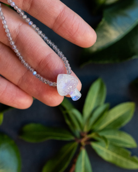 Rainbow Moonstone Hand Carved Toadstool Beaded Necklace