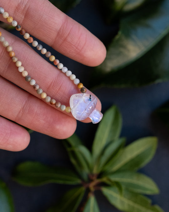 Rainbow Moonstone Hand Carved Toadstool Beaded Necklace