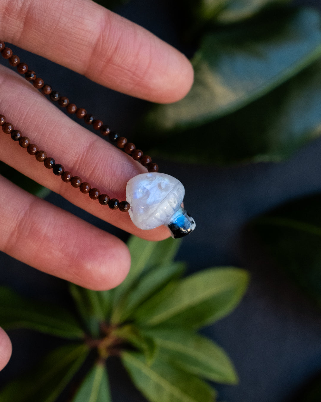 Rainbow Moonstone Hand Carved Toadstool Beaded Necklace