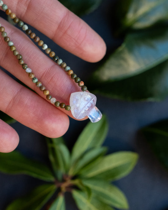 Rainbow Moonstone Hand Carved Toadstool Beaded Necklace