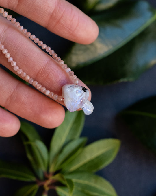 Rainbow Moonstone Hand Carved Toadstool Beaded Necklace