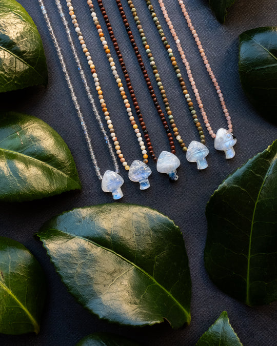 Rainbow Moonstone Hand Carved Toadstool Beaded Necklace