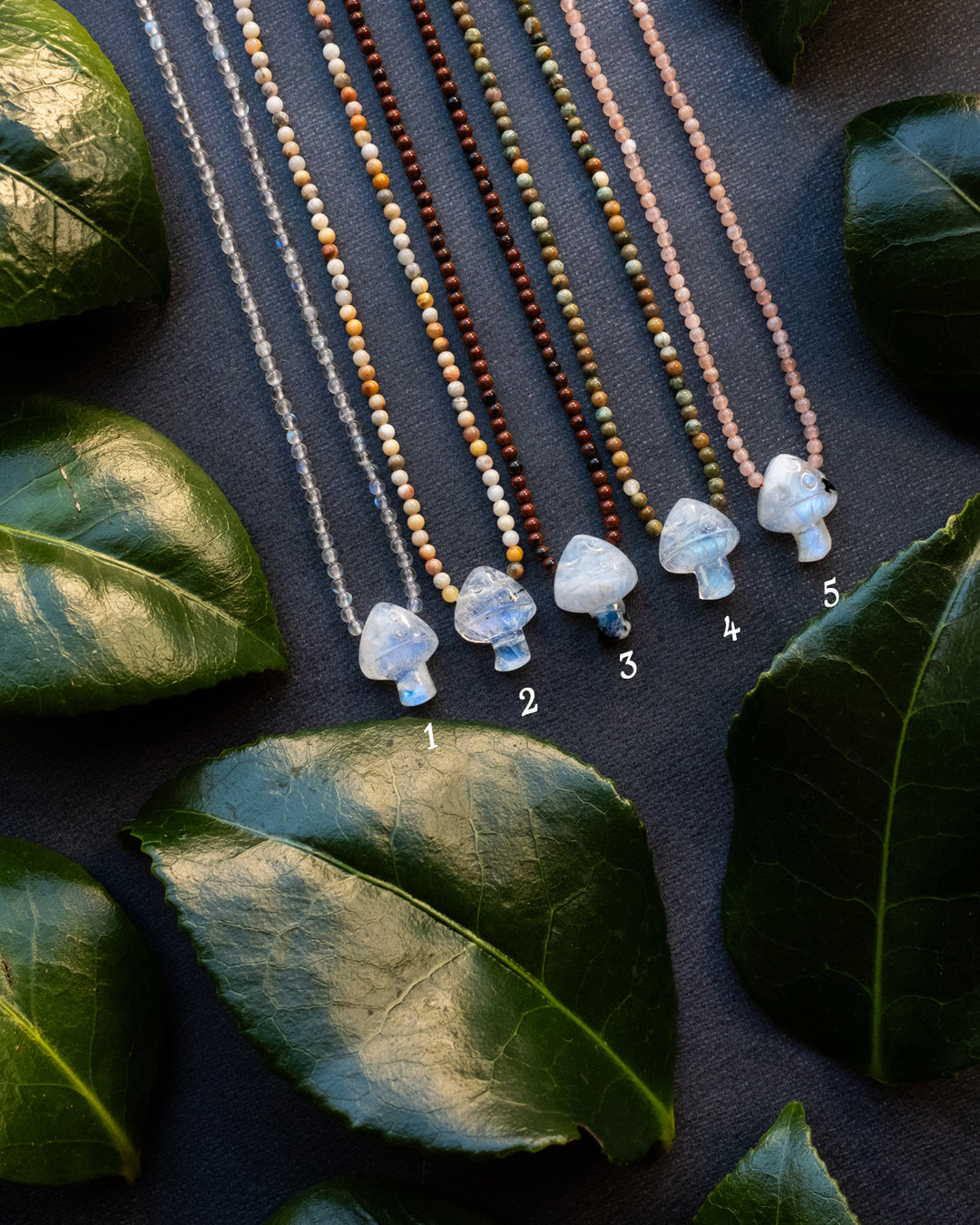 Rainbow Moonstone Hand Carved Toadstool Beaded Necklace