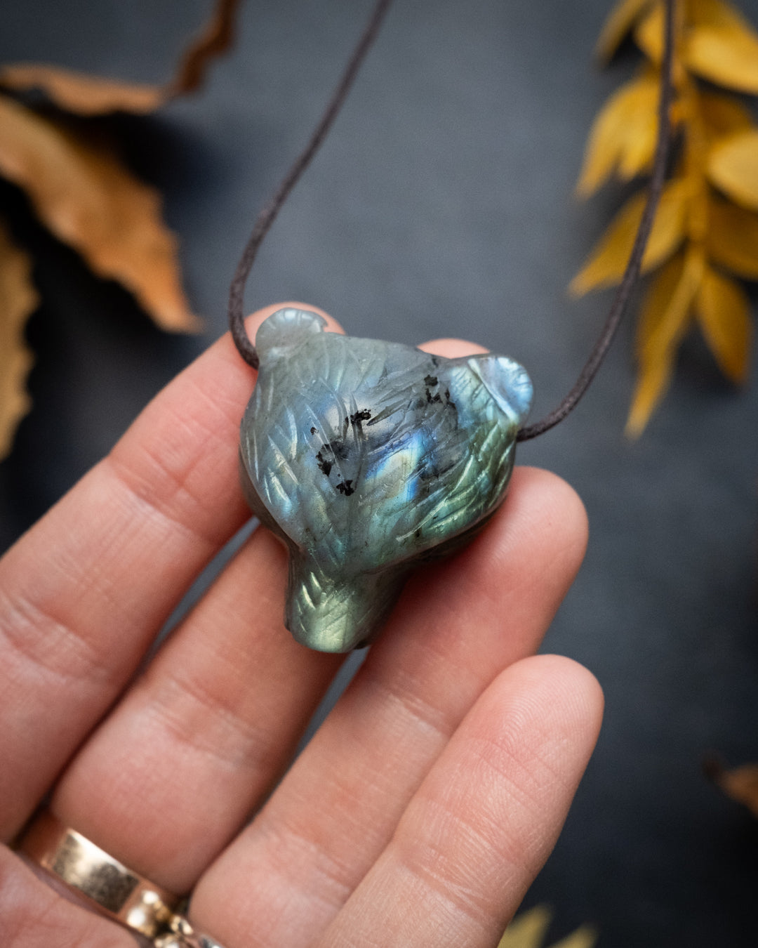 Labradorite Hand Carved Bear Necklace