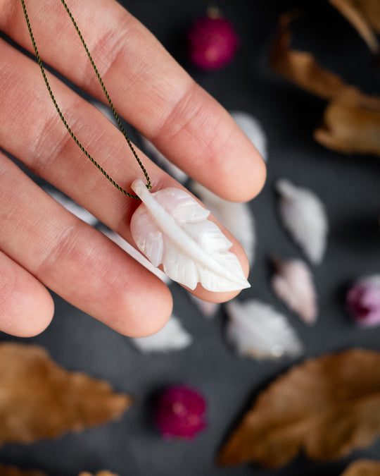 Peruvian Pink Opal Hand Carved Vegan Silk Leaf Necklace