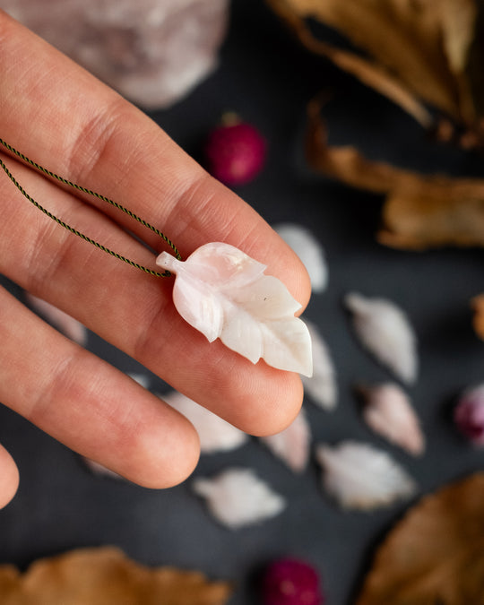 Peruvian Pink Opal Hand Carved Vegan Silk Leaf Necklace