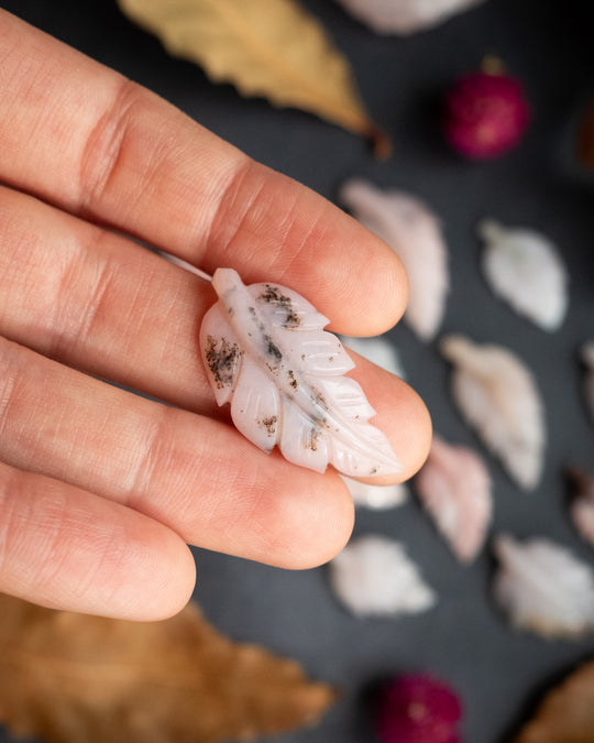 Peruvian Pink Opal Hand Carved Vegan Silk Leaf Necklace