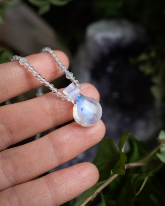 Potion for Celestial Clarity: Rainbow Moonstone & Clear Quartz Beaded Necklace