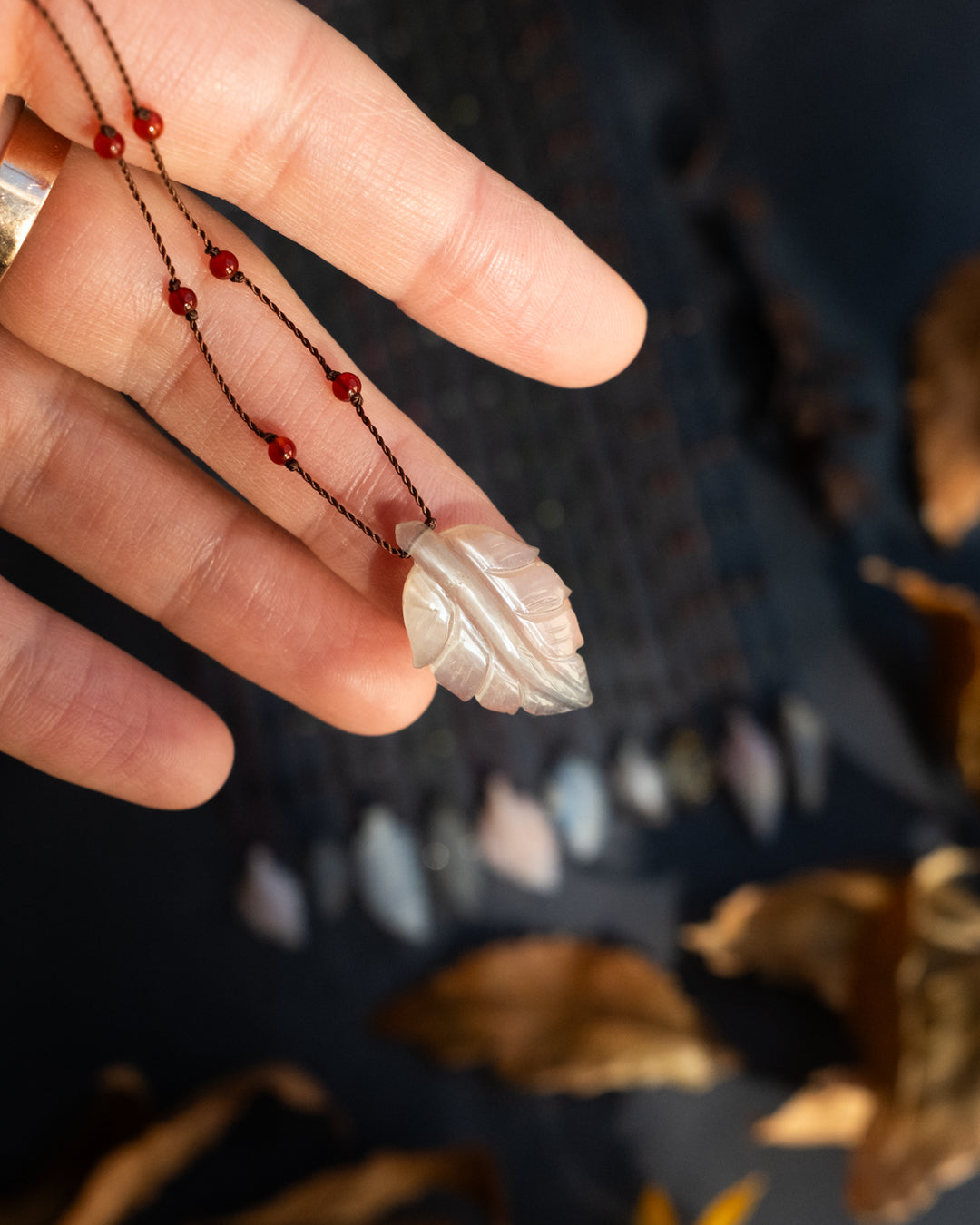 Hand Carved Leaf Beaded Necklace