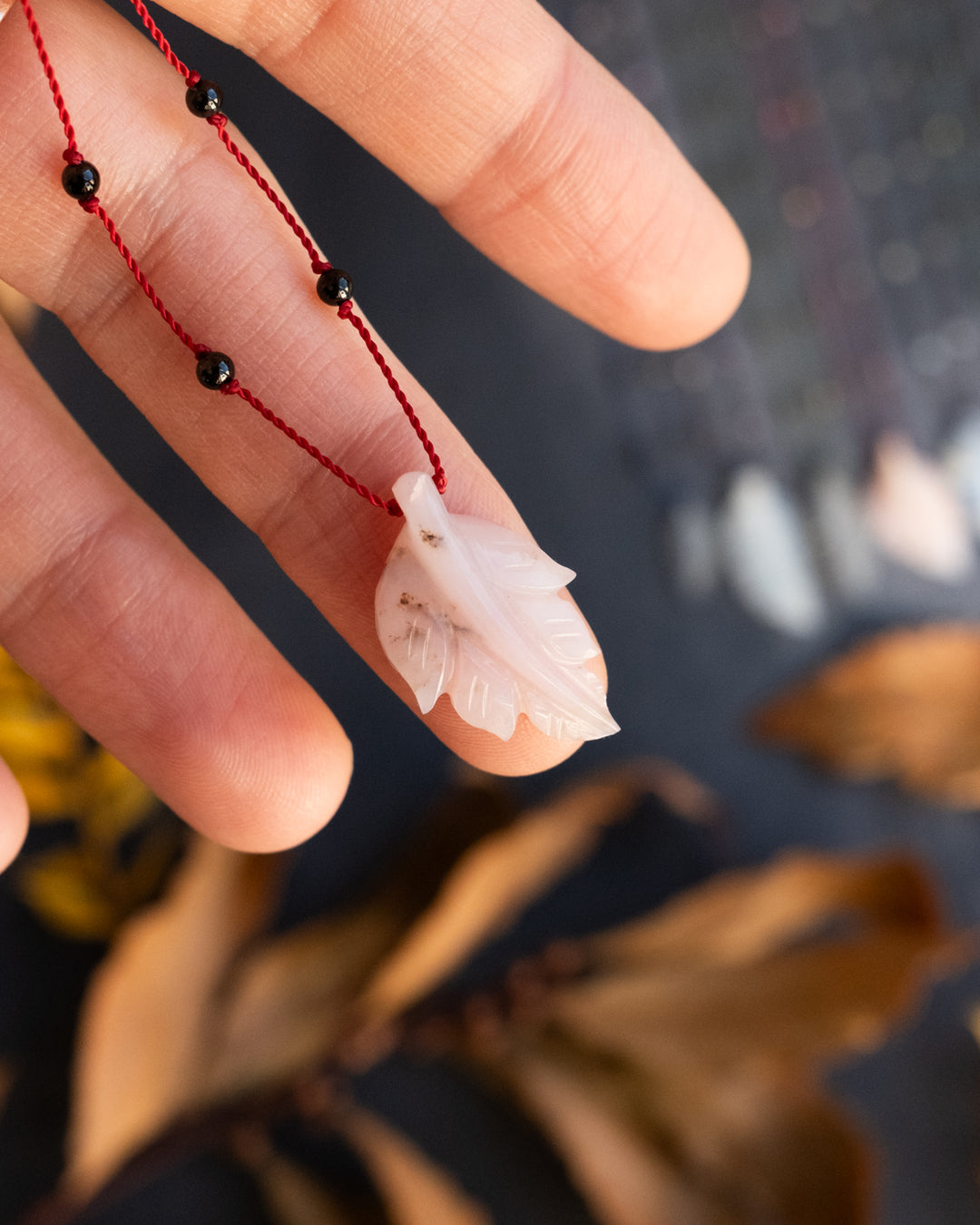 Hand Carved Leaf Beaded Necklace