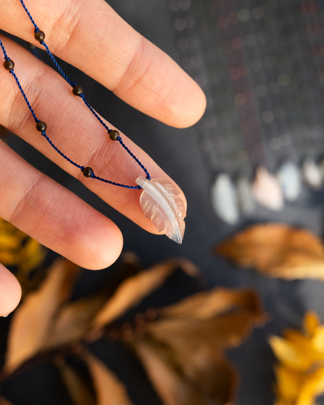 Hand Carved Leaf Beaded Necklace