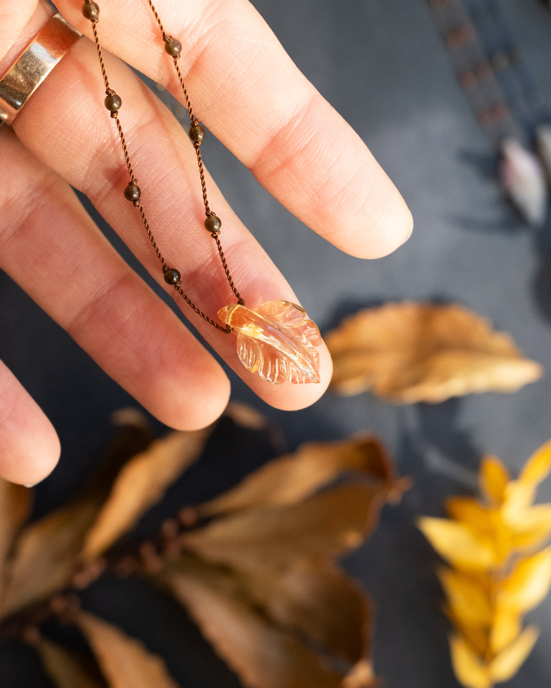 Hand Carved Leaf Beaded Necklace