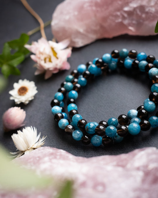 Smoky Quartz & Blue Apatite Round Bead Bracelet 6mm