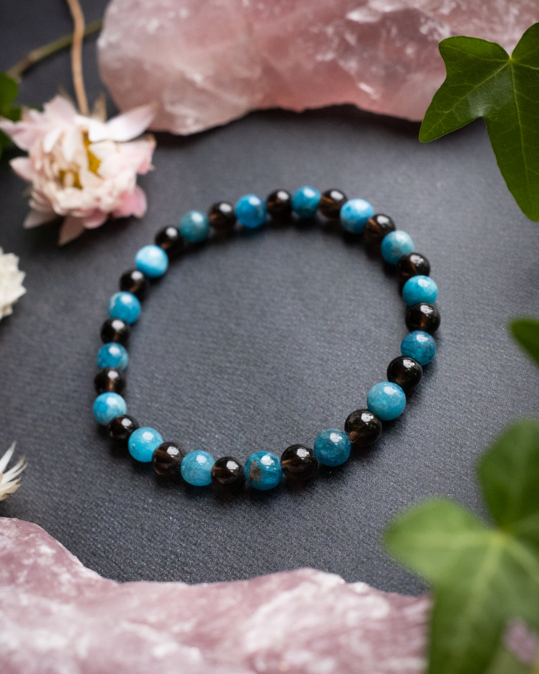 Smoky Quartz & Blue Apatite Round Bead Bracelet 6mm