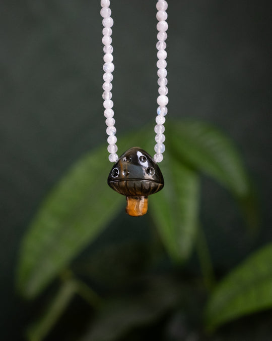 Blue Tiger's Eye Hand Carved Toadstool & Moonstone Beaded Necklace