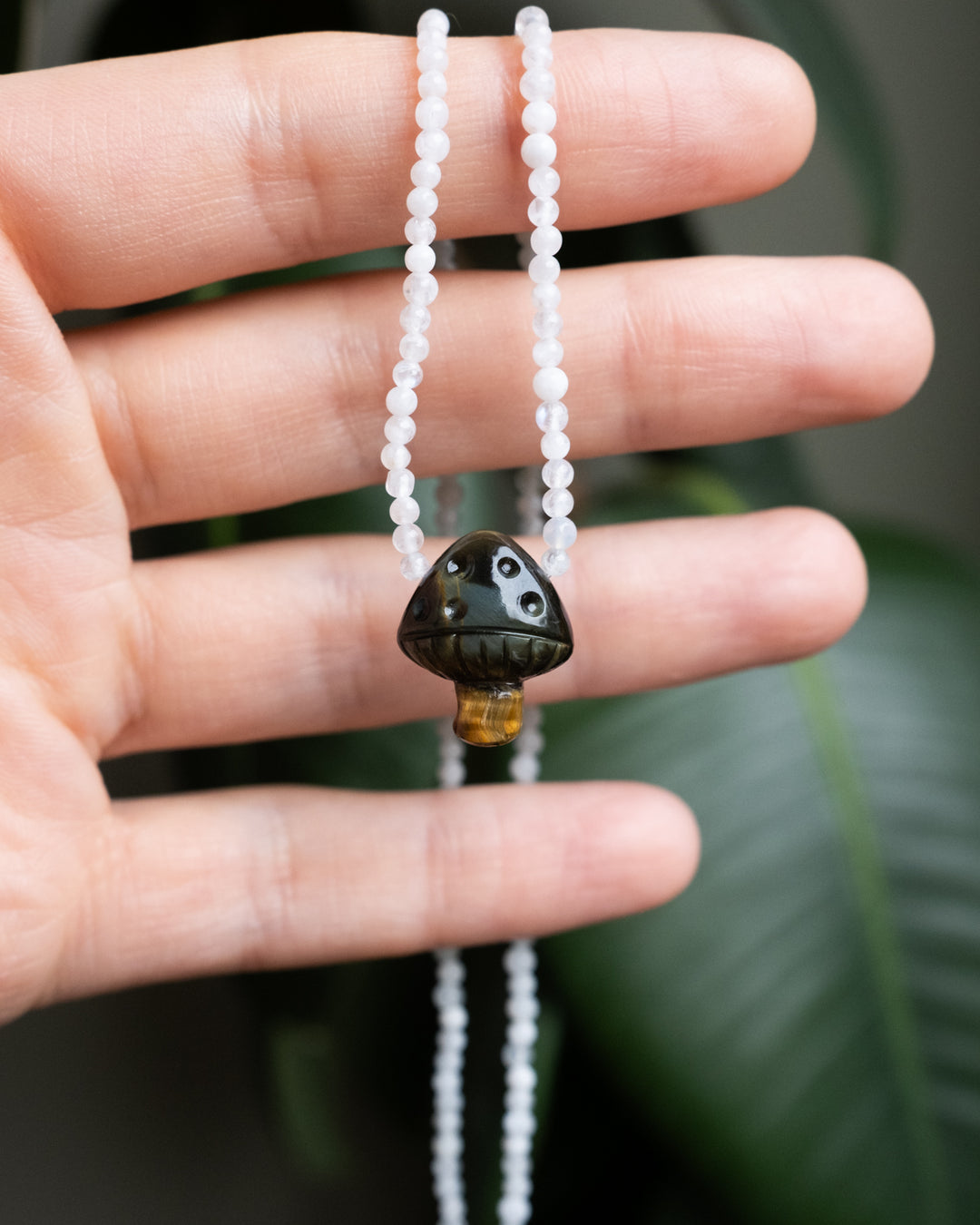 Blue Tiger's Eye Hand Carved Toadstool & Moonstone Beaded Necklace