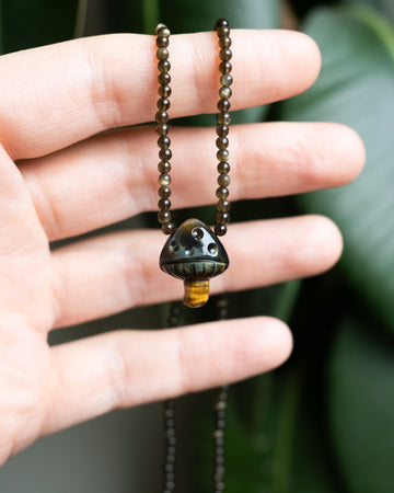 Blue Tiger's Eye Hand Carved Toadstool & Gold Sheen Obsidian Beaded Necklace